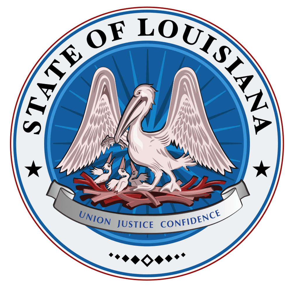 State logo for Louisiana with White Pelican, "Union, Justice, Confidence"