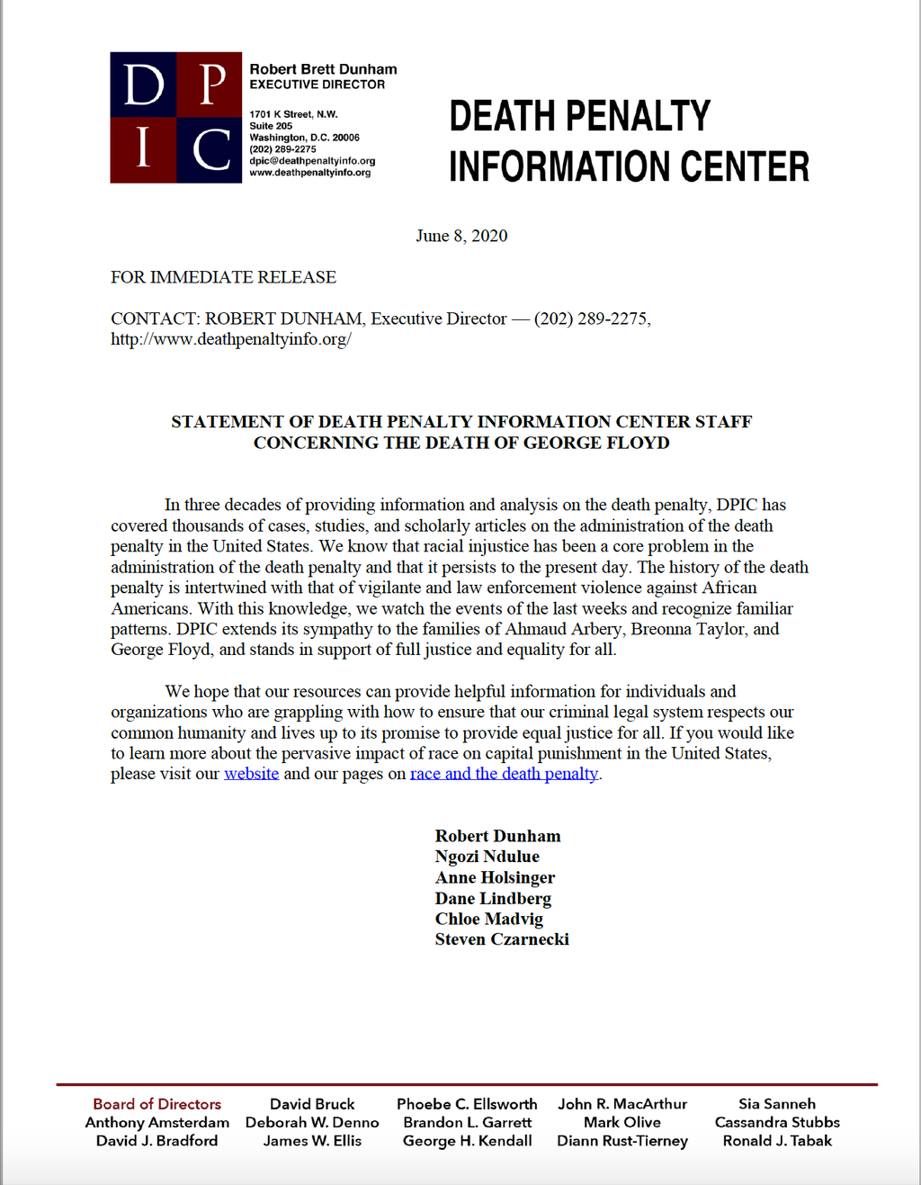 Death Penalty Information Center Statement Concerning the Death of George Floyd