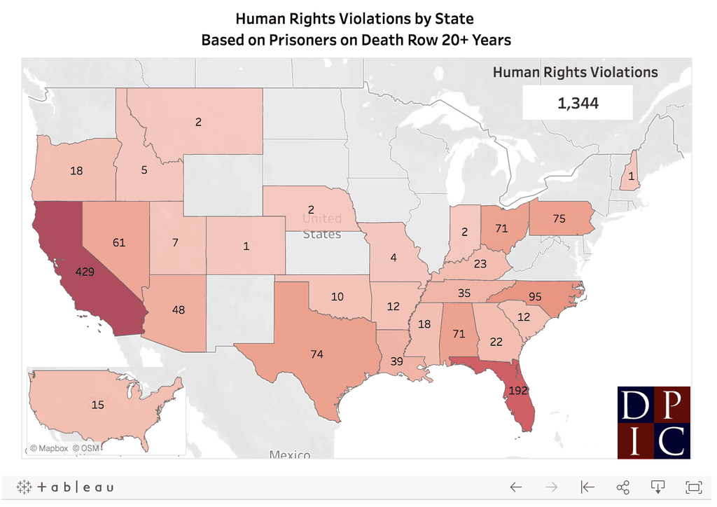 1,344 current prisoners on 26 state, federal, or U.S. military death rows have been incarcerated facing execution for more than 20 years, in violation of U.S. human rights obligations.