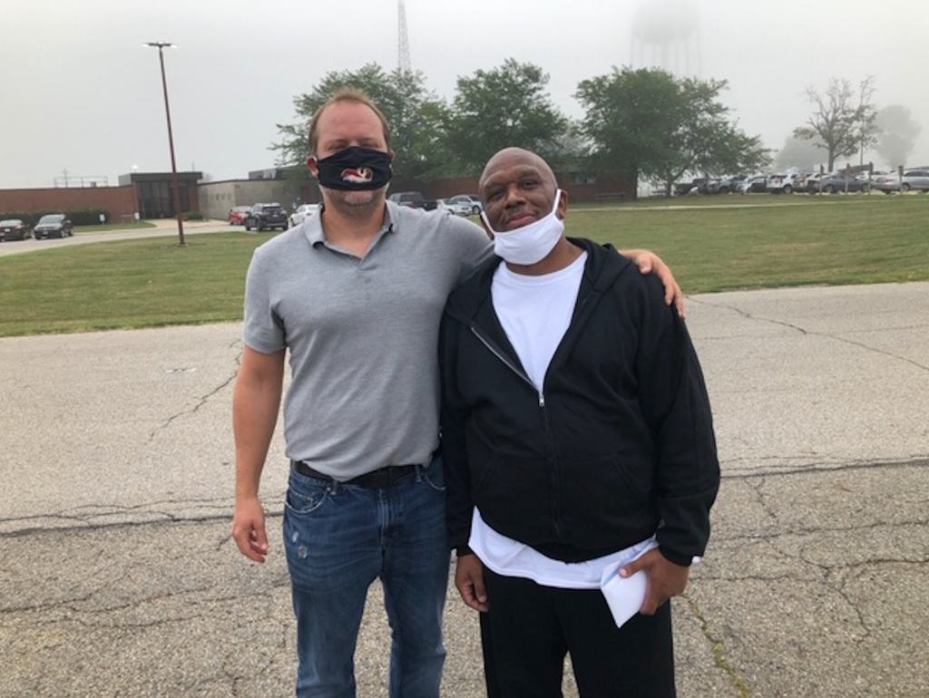Jeffrey Hill, right, with his lawyer, assistant federal defender Justin Thompson, after his release on parole September 1, 2020.