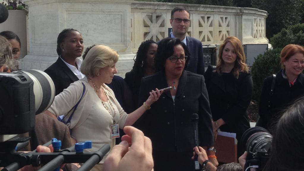 NAACP Legal Defense Fund Litigation Director Christina Swarns, lead counsel for Duane Buck, speaks to the media outside the U.S. Supreme Court following the argument in Buck v. Davis on October 5, 2016. Next to Ms. Swarns is National Public Radio Supreme Court reporter Nina Totenberg. (DPIC photo by Robert Dunham.)