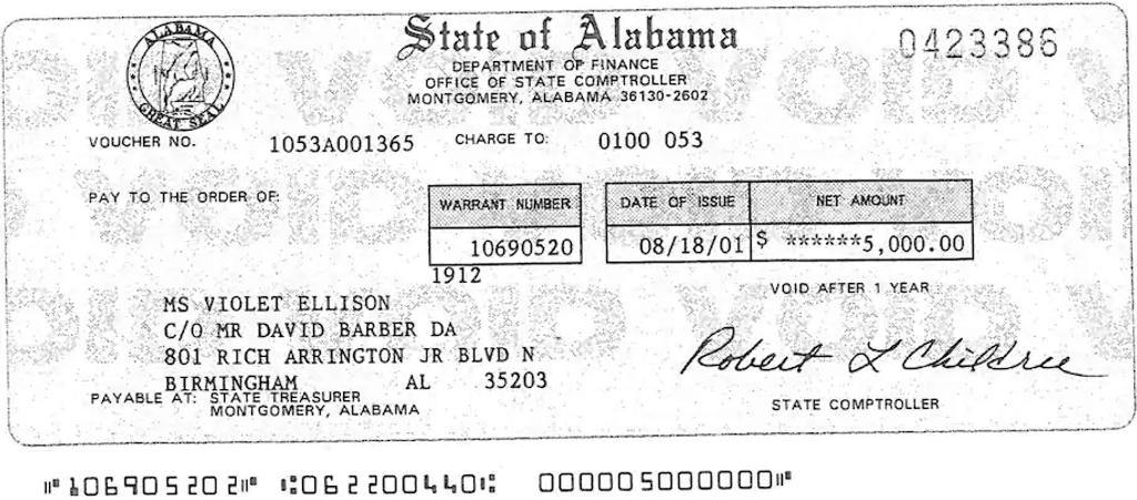 The Alabama trial court approved a $5,000.00 reward payment to prosecution witness Violet Ellison for her testimony against Toforest Johnson, but neither the court nor the prosecution revealed the payment to the defense or to the jury.