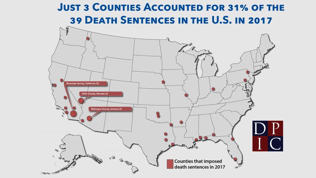 Map highlighting the 3 counties that accounted for 31% of the 39 death sentences in the U.S. in 2017 and the other counties that also imposed death sentences in 2017.