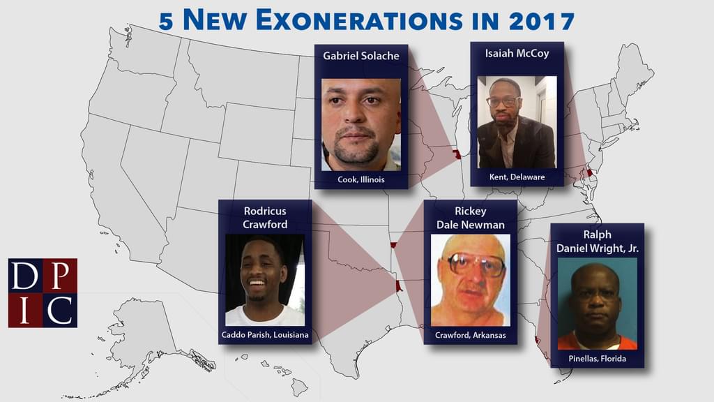 Graphic showing images of the five people exonerated from death row in 2017 and the counties where they were convicted.