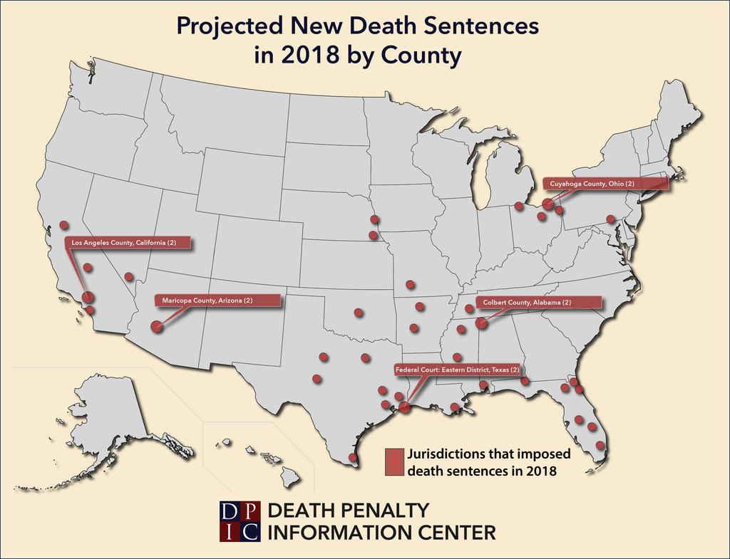 Map of counties that imposed death sentences in 2018, highlighting the counties that produced two sentences.