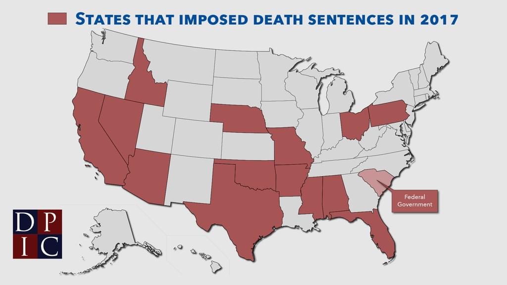 Map of states that imposed death sentences in 2017.